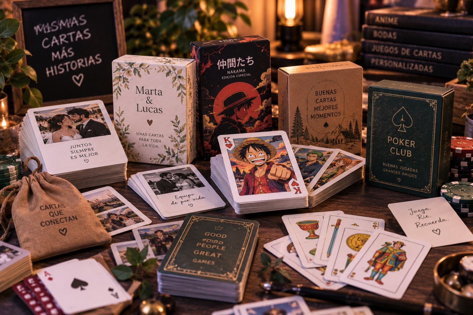 Varias barajas personalizadas con sus cajas sobre una mesa: una de boda con las fotos de la pareja, una de estilo manga, una de póquer y una española, con fichas de casino y una bolsa de tela.