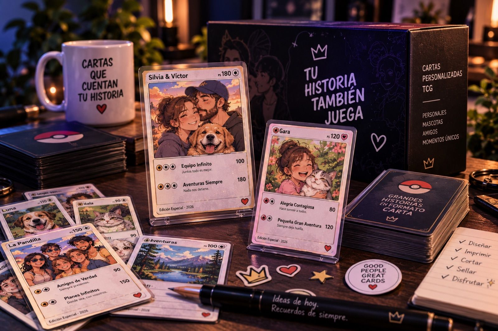Cartas coleccionables personalizadas impresas sobre una mesa: una pareja con su perro, una niña con su gato y un grupo de amigos, cada carta con sus estadísticas, junto a la caja rígida de la colección.