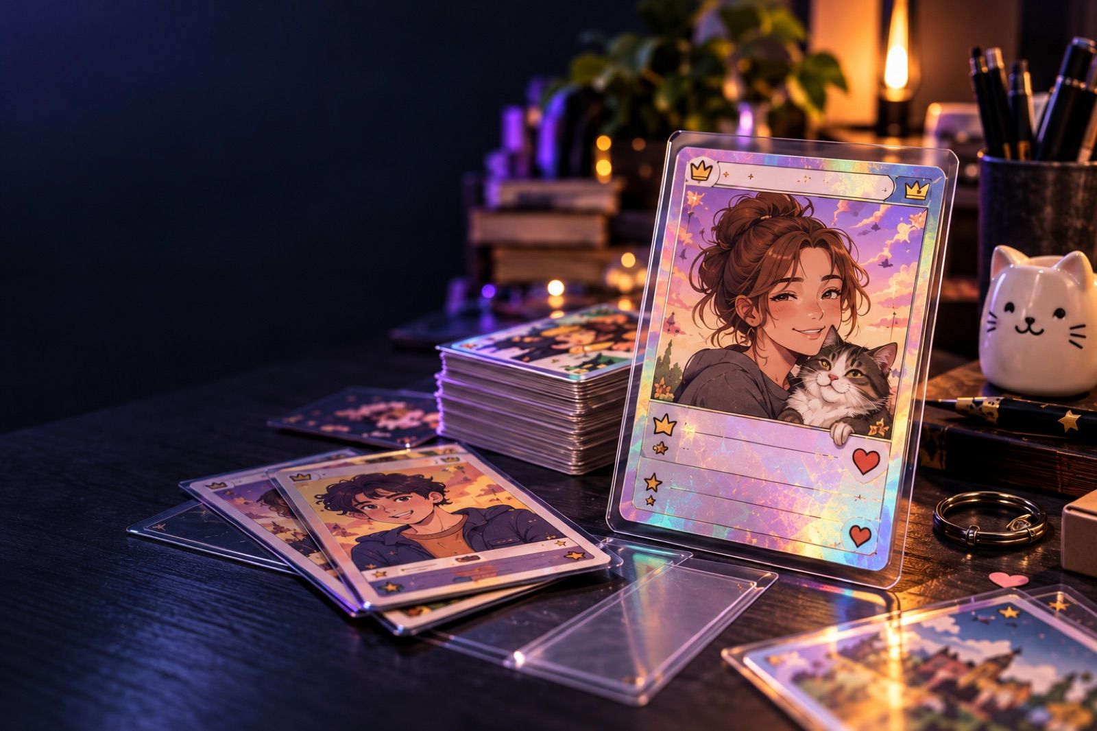 Carta legendaria holográfica de una mujer con su gato, de pie en su soporte, con otras cartas de la colección y fundas transparentes delante.