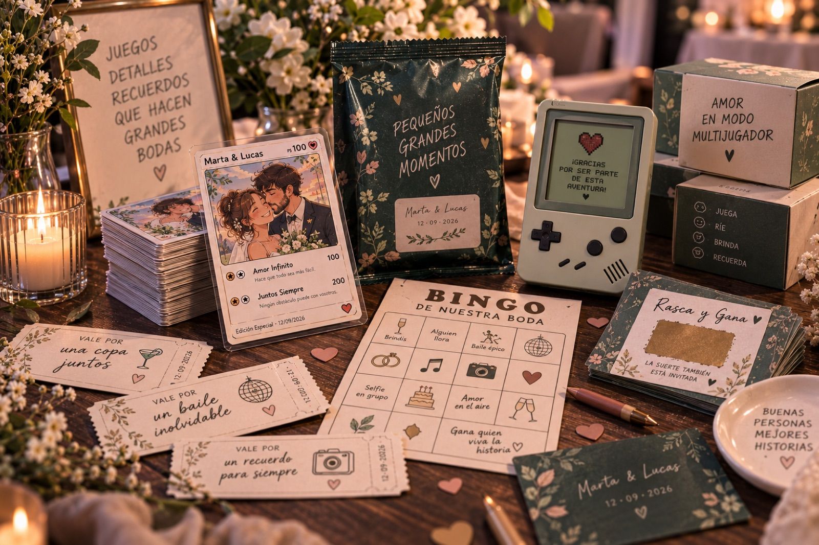 Mesa de boda con los detalles del taller: la carta coleccionable de los novios con sus estadísticas, la baraja de la boda, un sobre de cartas con la fecha, vales para los invitados, un bingo de la boda, rascas y cajitas verdes con flores.